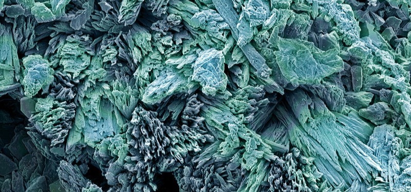 Microsurface of Gypsum, coloured SEM, see post for credits